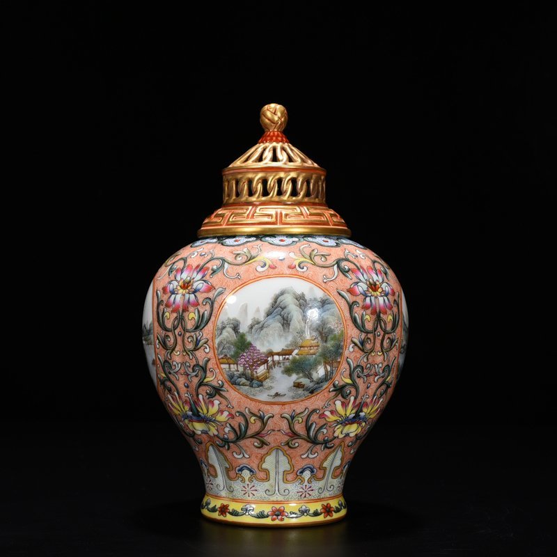 Qing Dynasty Qianlong enamel lotus pattern consecrated four seasons landscape pattern hollow lid jar
