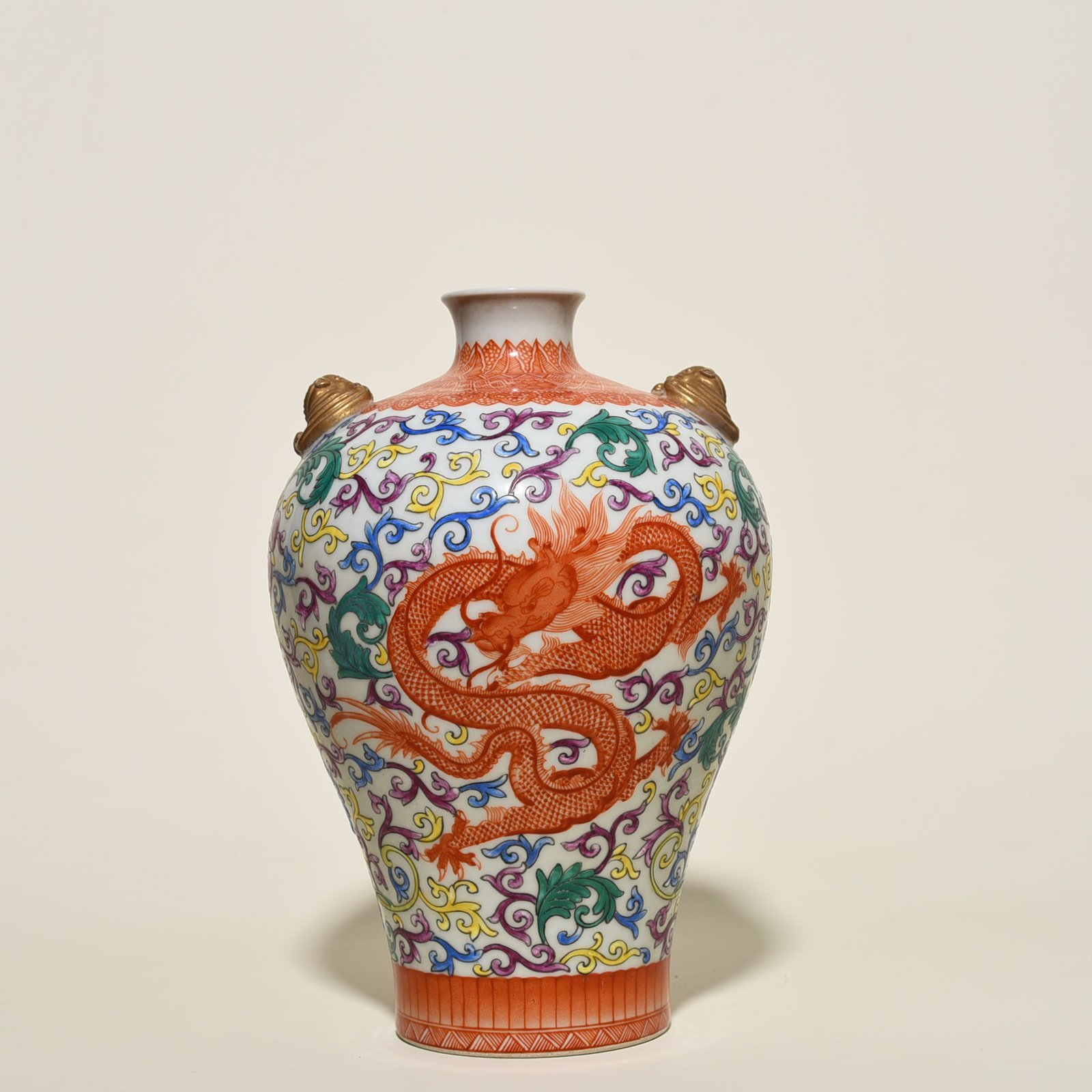 Qing Dynasty Qianlong enamel double-eared plum vase with wrapped branches and dragon pattern