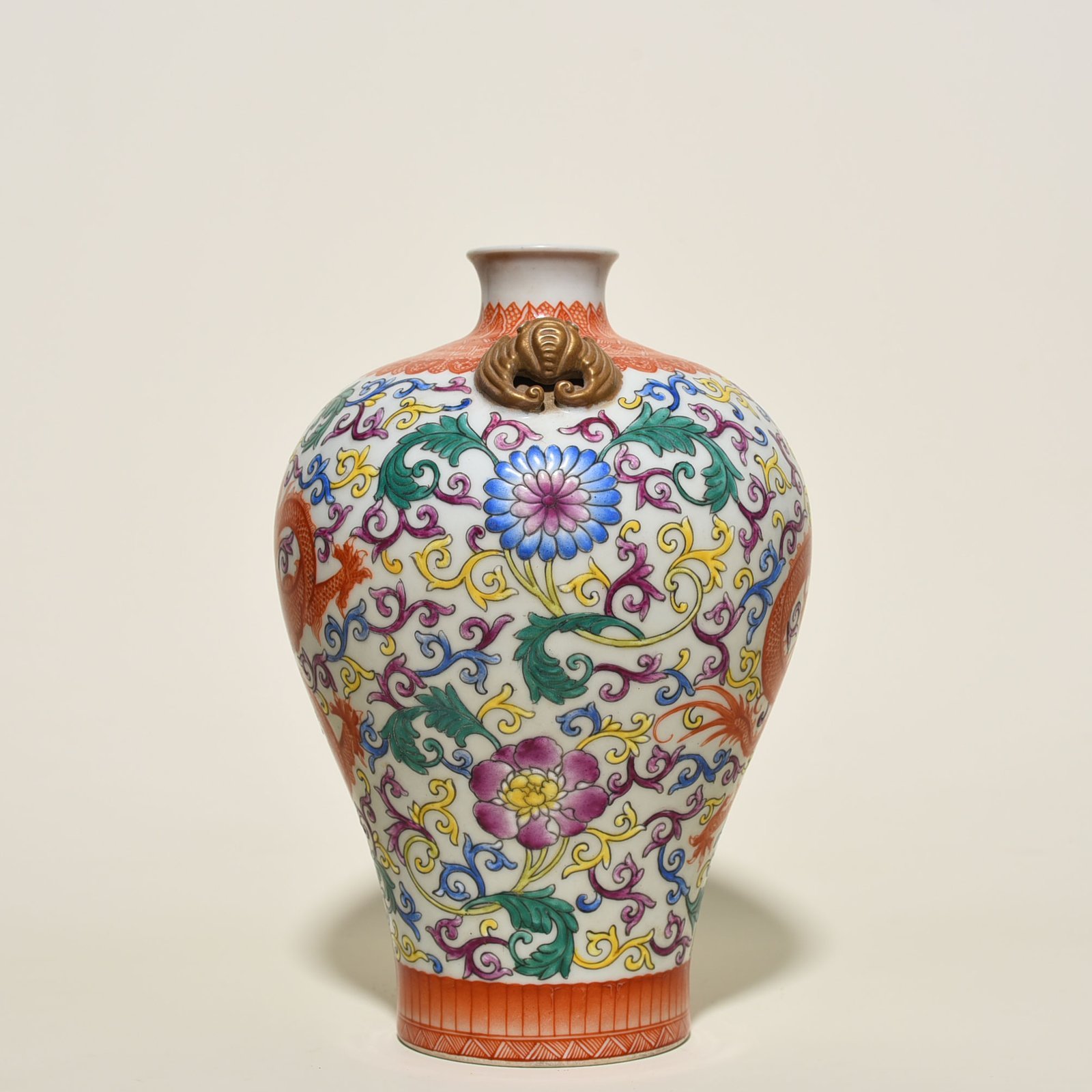Qing Dynasty Qianlong enamel double-eared plum vase with wrapped branches and dragon pattern