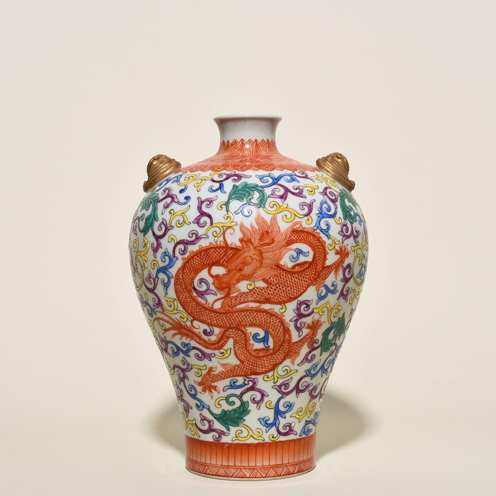 Qing Dynasty Qianlong enamel double-eared plum vase with wrapped branches and dragon pattern