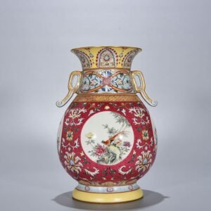 Qing Dynasty Qianlong enamel carmine red rolled four-season flower and bird pattern revolving neck bottle