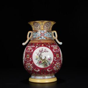 Qing Dynasty Qianlong enamel carmine red rolling pattern consecrated four-season flower and bird neck bottle
