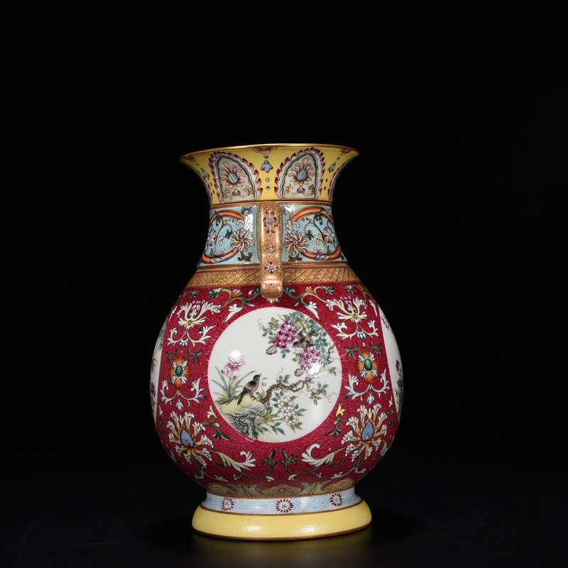 Qing Dynasty Qianlong enamel carmine red rolling pattern consecrated four-season flower and bird neck bottle