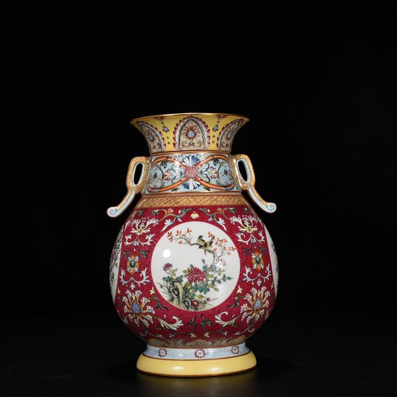 Qing Dynasty Qianlong enamel carmine red rolling pattern consecrated four-season flower and bird neck bottle