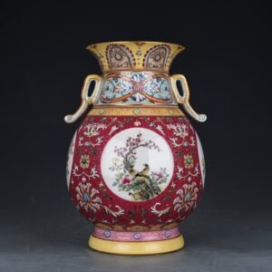 Qing Dynasty Qianlong enamel rouge red rolling pattern consecrated four-season flower and bird neck bottle