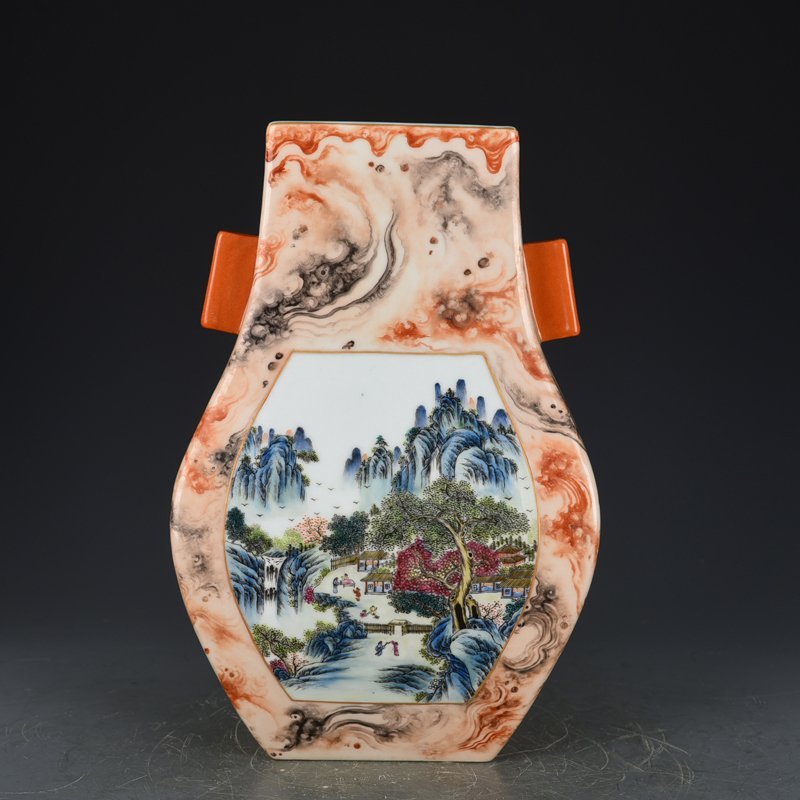 Qing Dynasty Qianlong stone pattern consecrated square vase with figures and mountains