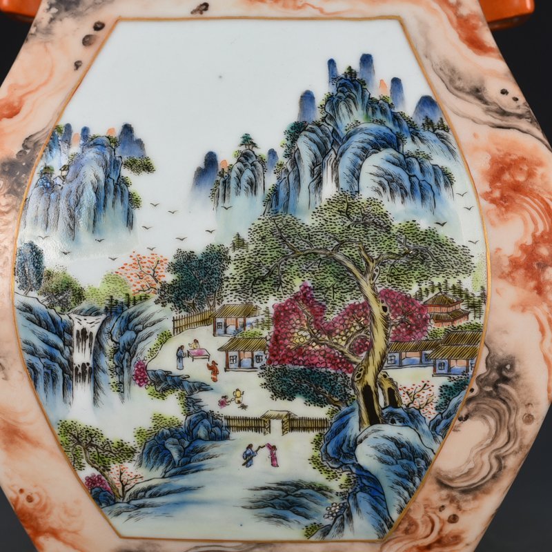 Qing Dynasty Qianlong stone pattern consecrated square vase with figures and mountains
