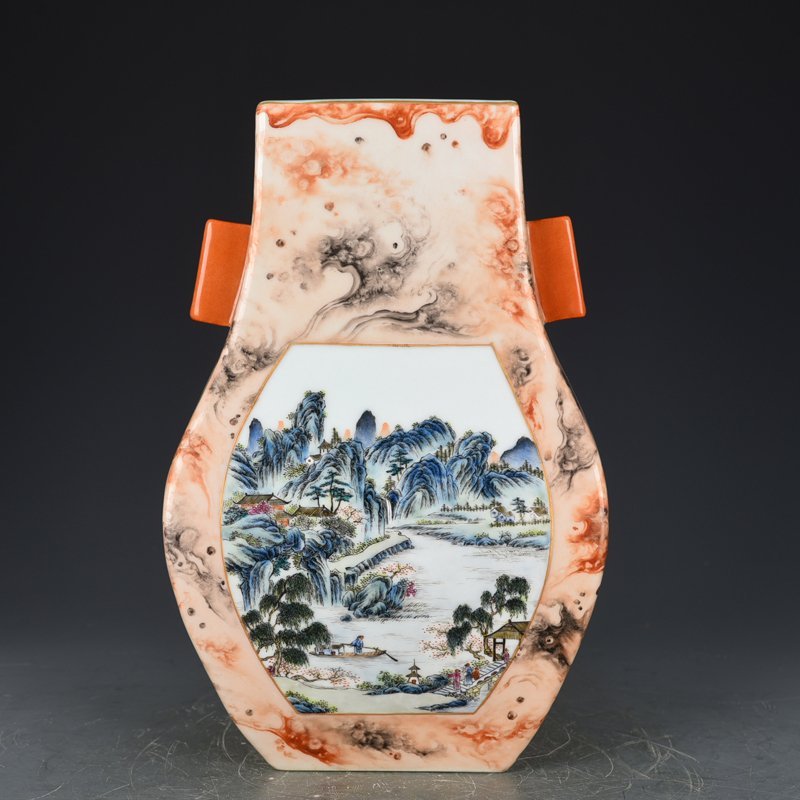 Qing Dynasty Qianlong stone pattern consecrated square vase with figures and mountains