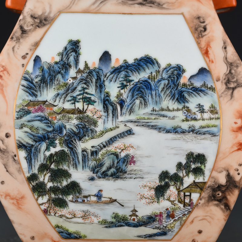 Qing Dynasty Qianlong stone pattern consecrated square vase with figures and mountains