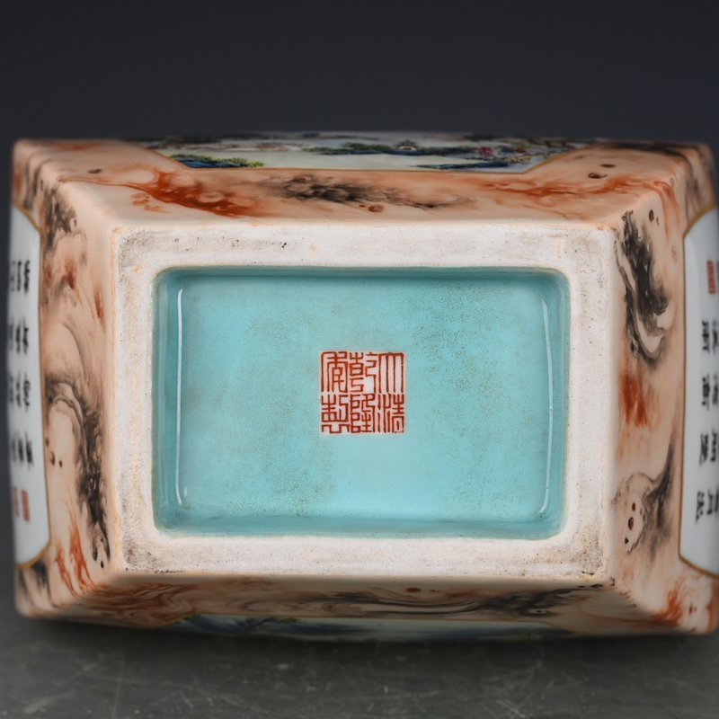 Qing Dynasty Qianlong stone pattern consecrated square vase with figures and mountains