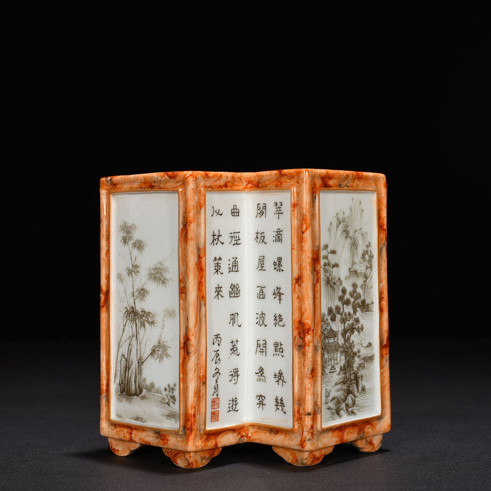 Qing Dynasty Qianlong Stone Pattern Window Ink Color Poetry Landscape Fangsheng Brush Holder