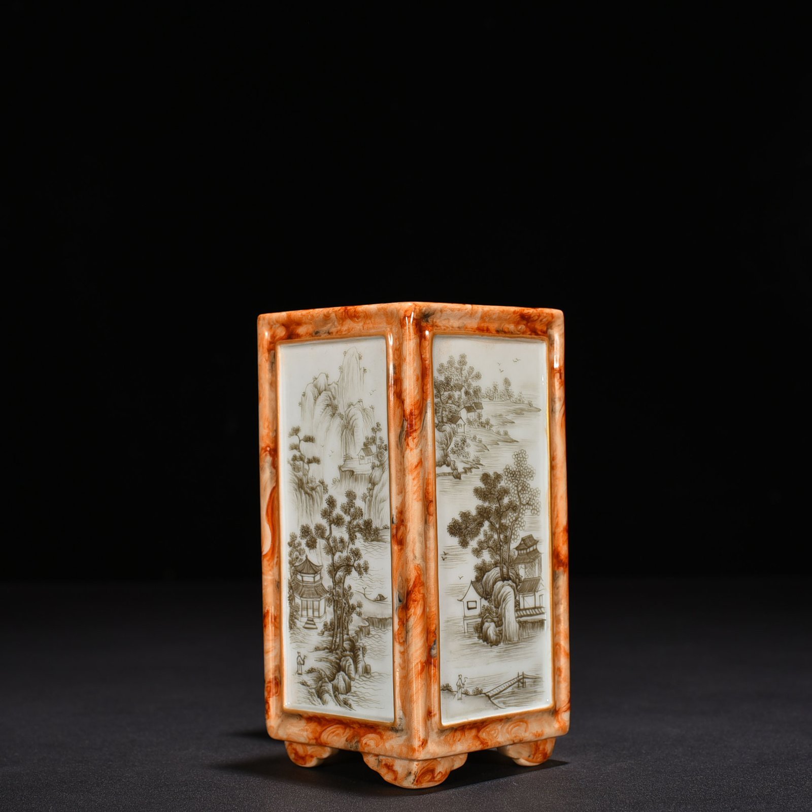 Qing Dynasty Qianlong Stone Pattern Window Ink Color Poetry Landscape Fangsheng Brush Holder