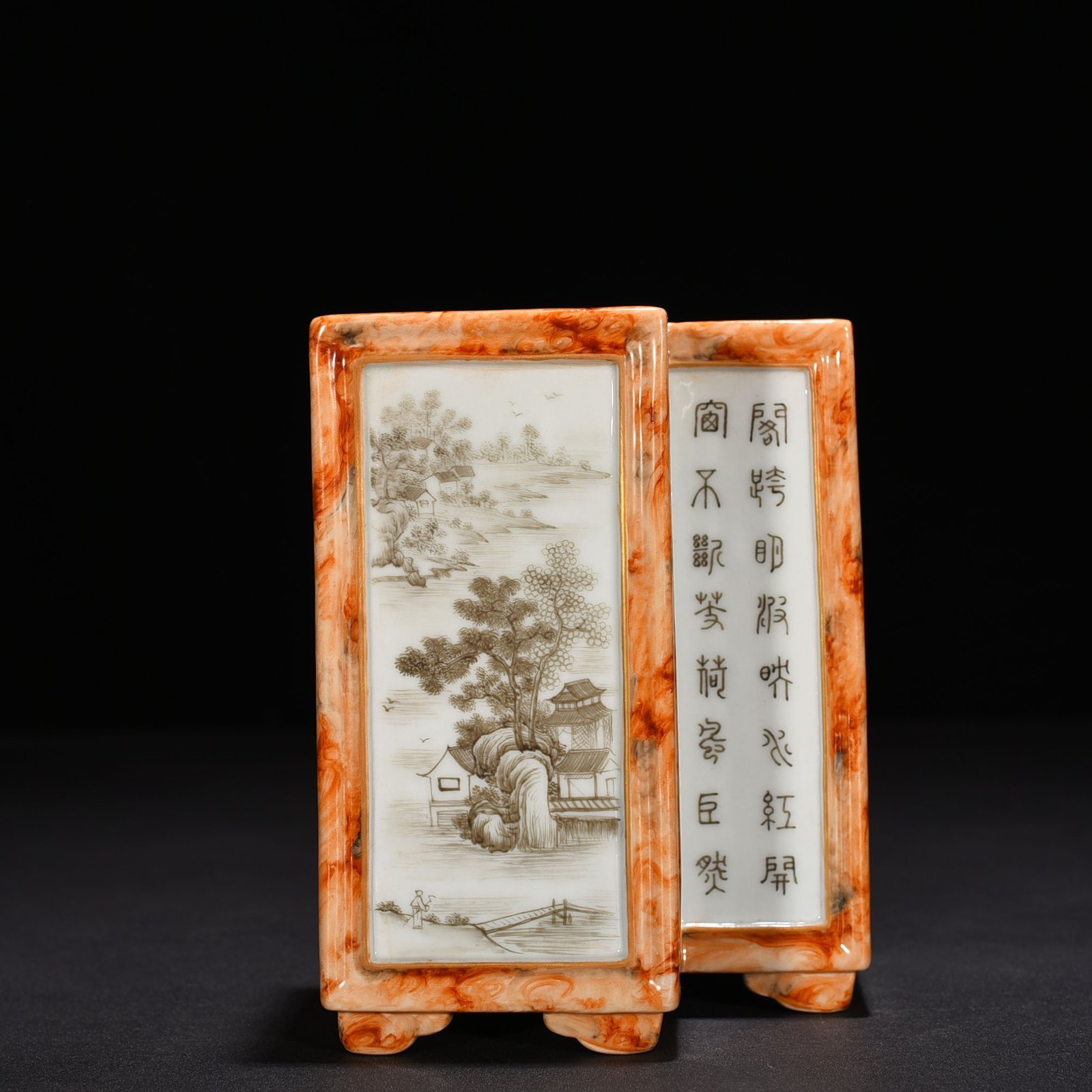 Qing Dynasty Qianlong Stone Pattern Window Ink Color Poetry Landscape Fangsheng Brush Holder