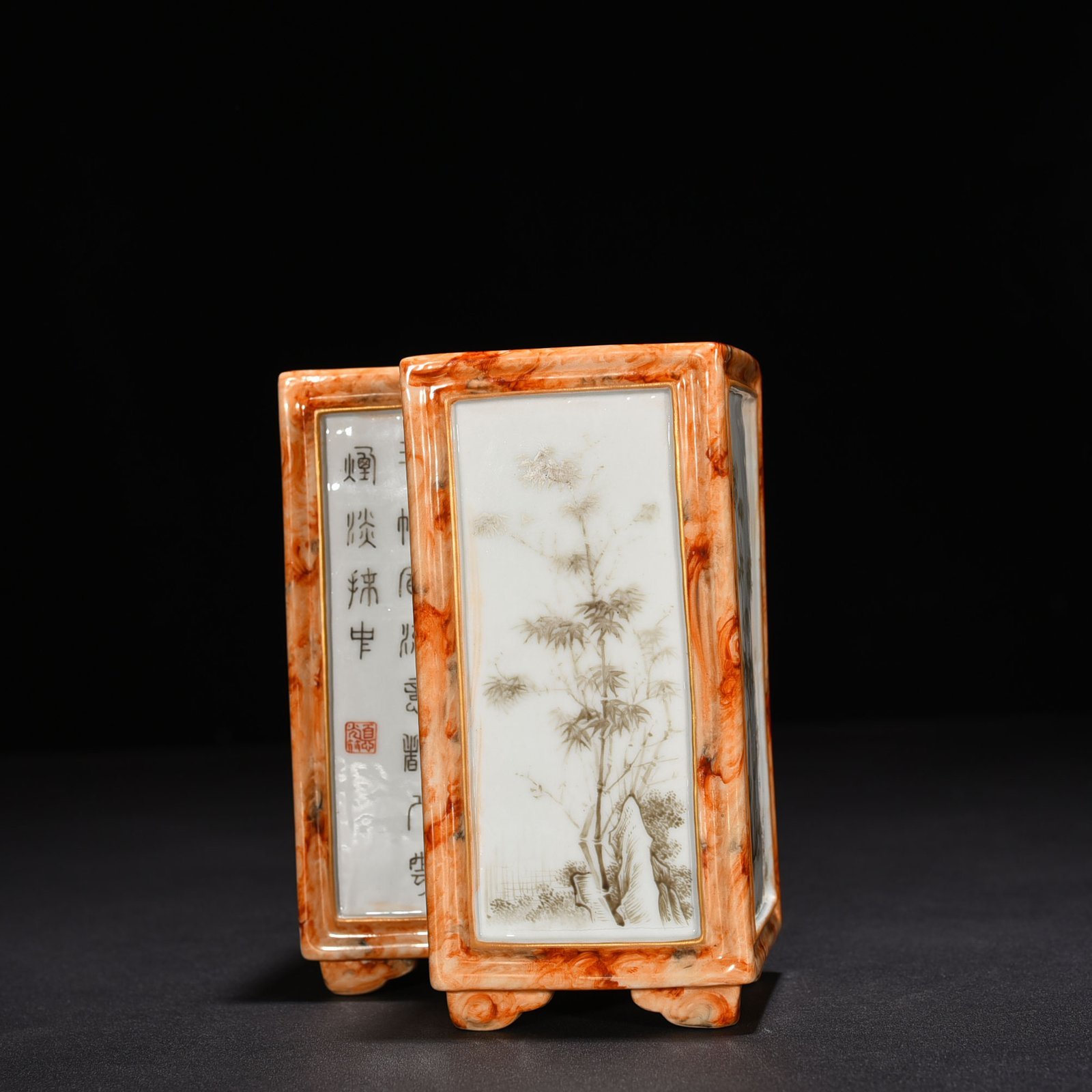 Qing Dynasty Qianlong Stone Pattern Window Ink Color Poetry Landscape Fangsheng Brush Holder
