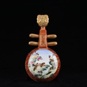 Qing Dynasty Qianlong alum red consecrated enamel flower and bird pipa wall hanging