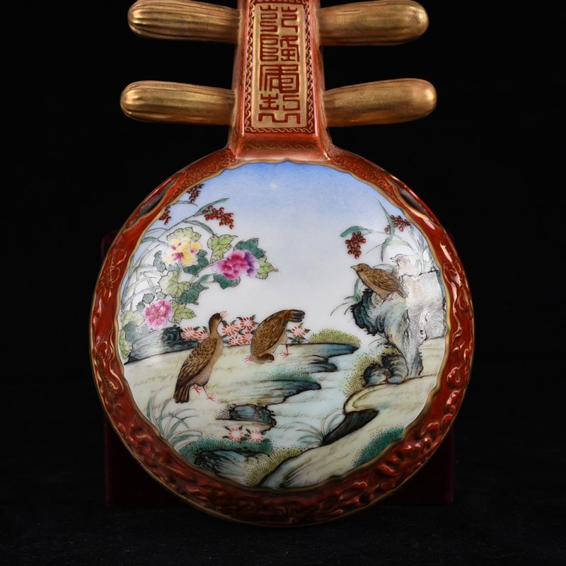 Qing Dynasty Qianlong alum red consecrated enamel flower and bird pipa wall hanging