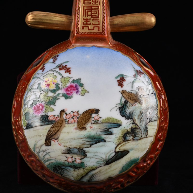 Qing Dynasty Qianlong alum red consecrated enamel flower and bird pipa wall hanging