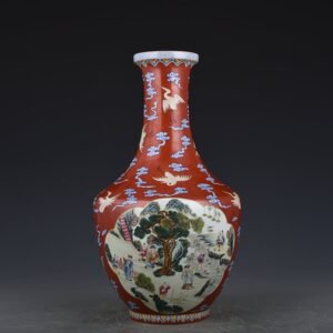 Qing Dynasty Qianlong alum red consecrated pastel figure bottle