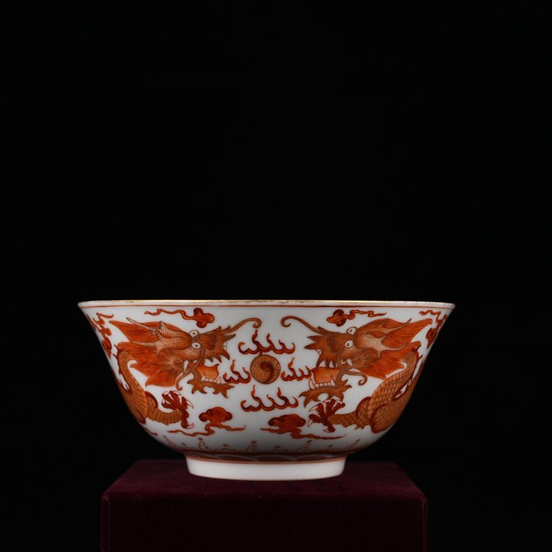 Qing Dynasty Qianlong Aluminum Red Painted Gold Double Dragon Playing Pearl Pattern Bowl