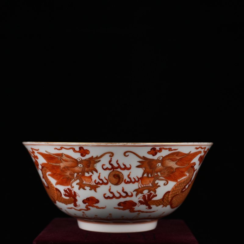 Qing Dynasty Qianlong Aluminum Red Painted Gold Double Dragon Playing Pearl Pattern Bowl