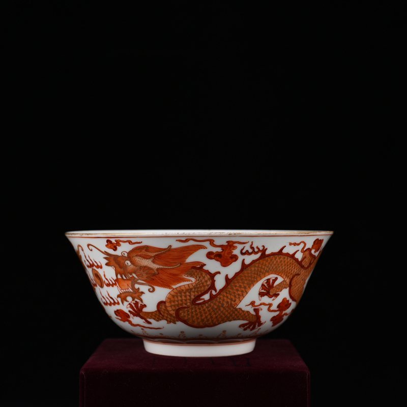 Qing Dynasty Qianlong Aluminum Red Painted Gold Double Dragon Playing Pearl Pattern Bowl