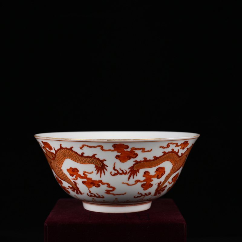 Qing Dynasty Qianlong Aluminum Red Painted Gold Double Dragon Playing Pearl Pattern Bowl