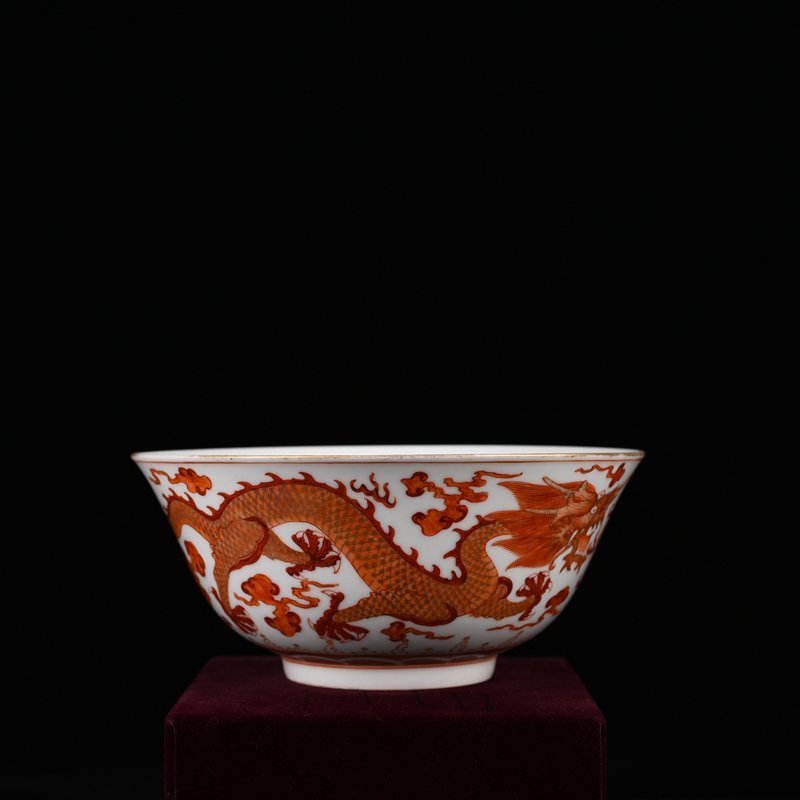 Qing Dynasty Qianlong Aluminum Red Painted Gold Double Dragon Playing Pearl Pattern Bowl