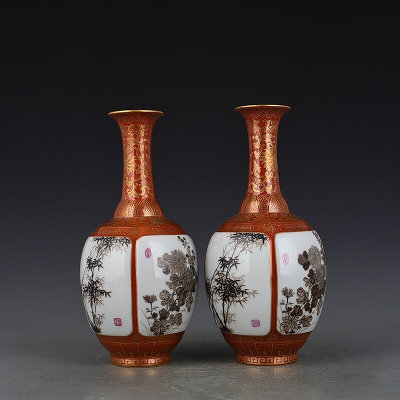 Qing Dynasty Qianlong alum red gold and ink color plum  orchid  bamboo and chrysanthemum vase