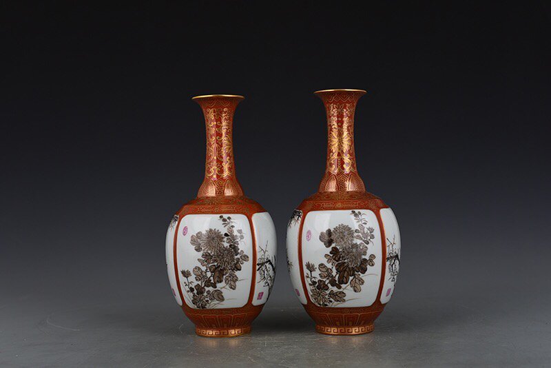 Qing Dynasty Qianlong alum red gold and ink color plum  orchid  bamboo and chrysanthemum vase