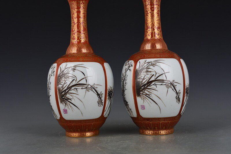 Qing Dynasty Qianlong alum red gold and ink color plum  orchid  bamboo and chrysanthemum vase