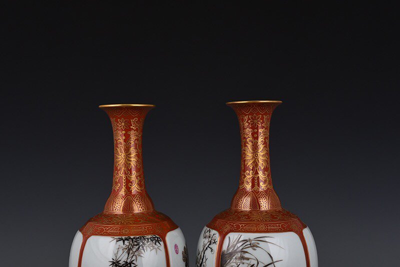 Qing Dynasty Qianlong alum red gold and ink color plum  orchid  bamboo and chrysanthemum vase