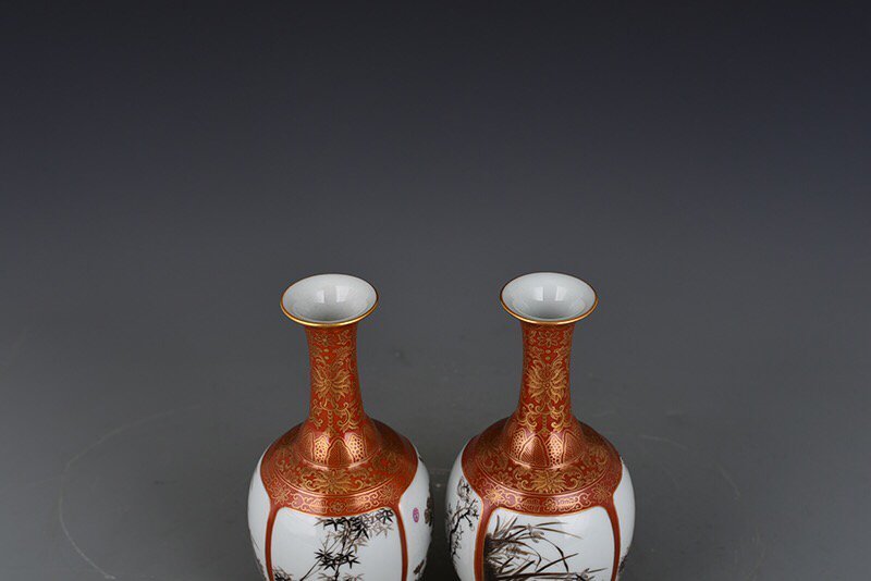 Qing Dynasty Qianlong alum red gold and ink color plum  orchid  bamboo and chrysanthemum vase
