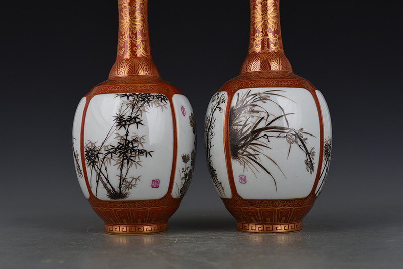 Qing Dynasty Qianlong alum red gold and ink color plum  orchid  bamboo and chrysanthemum vase