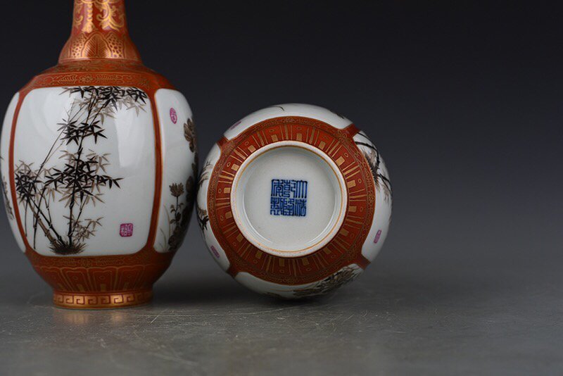Qing Dynasty Qianlong alum red gold and ink color plum  orchid  bamboo and chrysanthemum vase