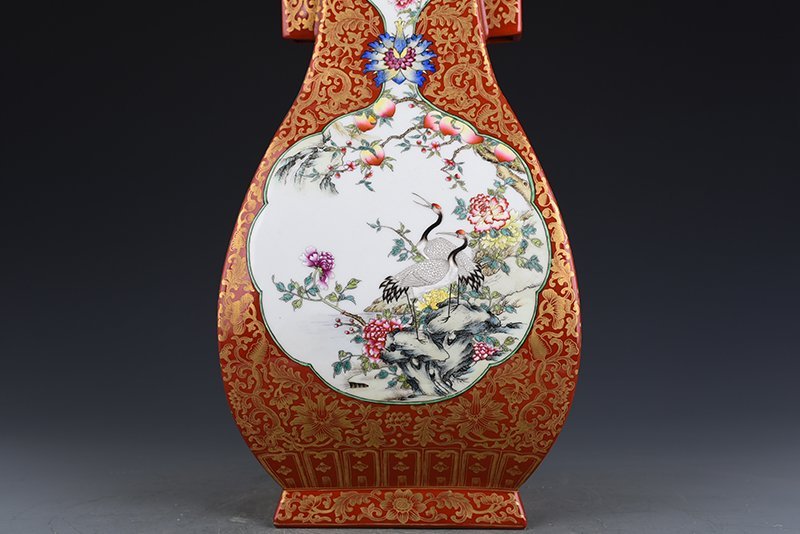 Qing Dynasty Qianlong alum red gold-consecrated enamel flower-and-bird square vase with ears