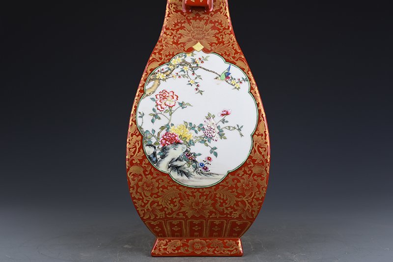 Qing Dynasty Qianlong alum red gold-consecrated enamel flower-and-bird square vase with ears