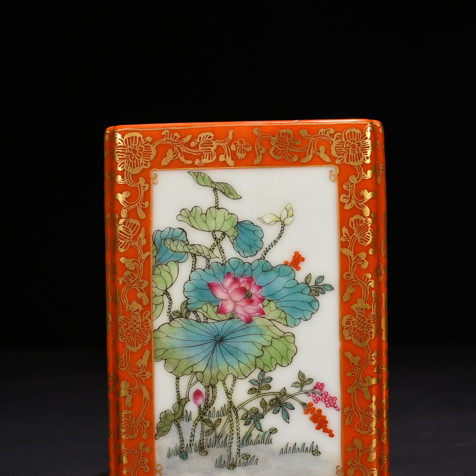 Qing Dynasty Qianlong alum red gold enamel square pen holder with four seasons