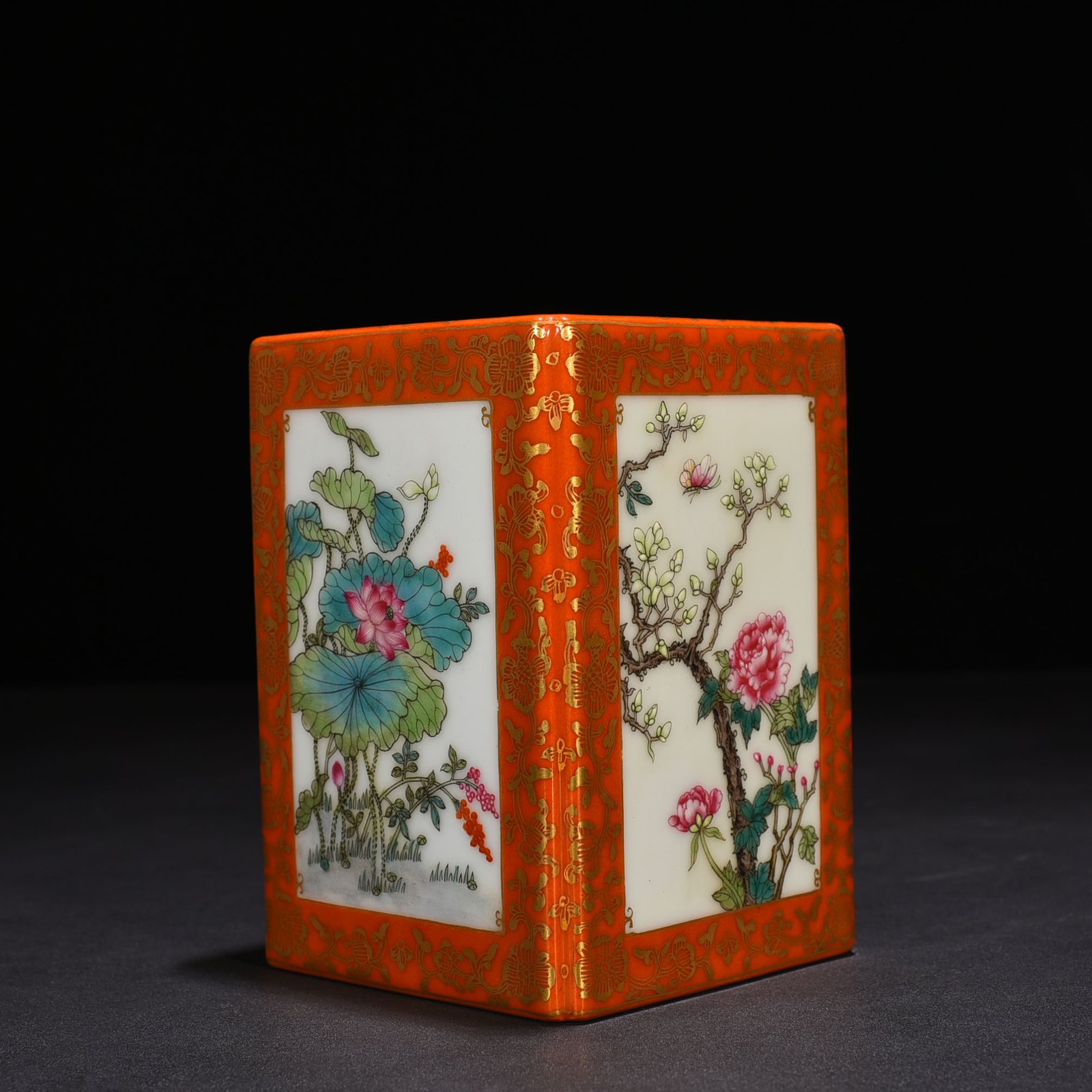 Qing Dynasty Qianlong alum red gold enamel square pen holder with four seasons