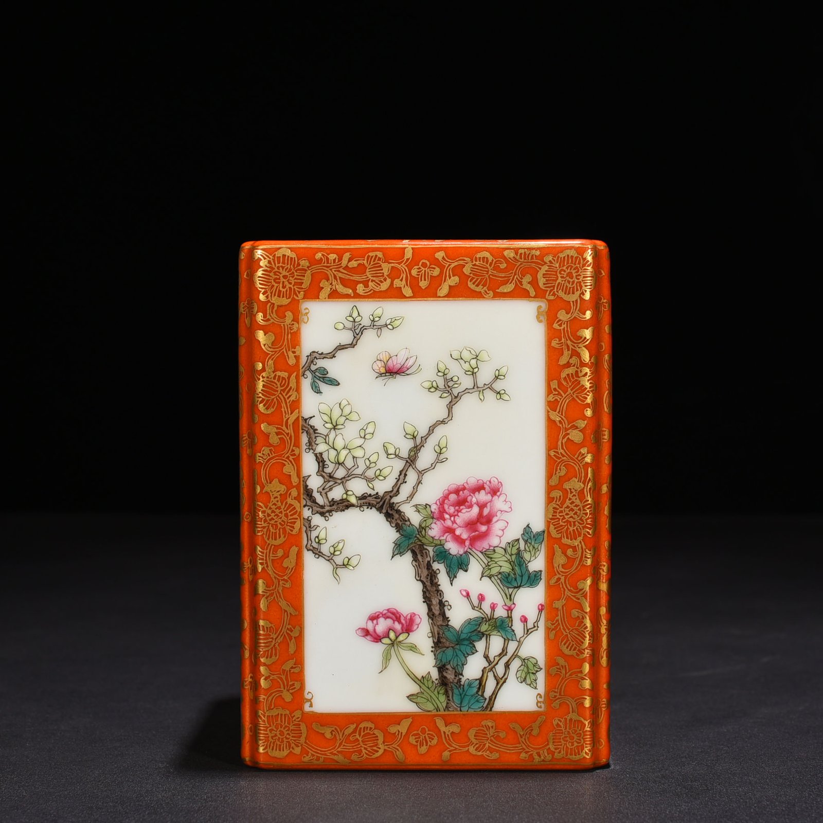 Qing Dynasty Qianlong alum red gold enamel square pen holder with four seasons