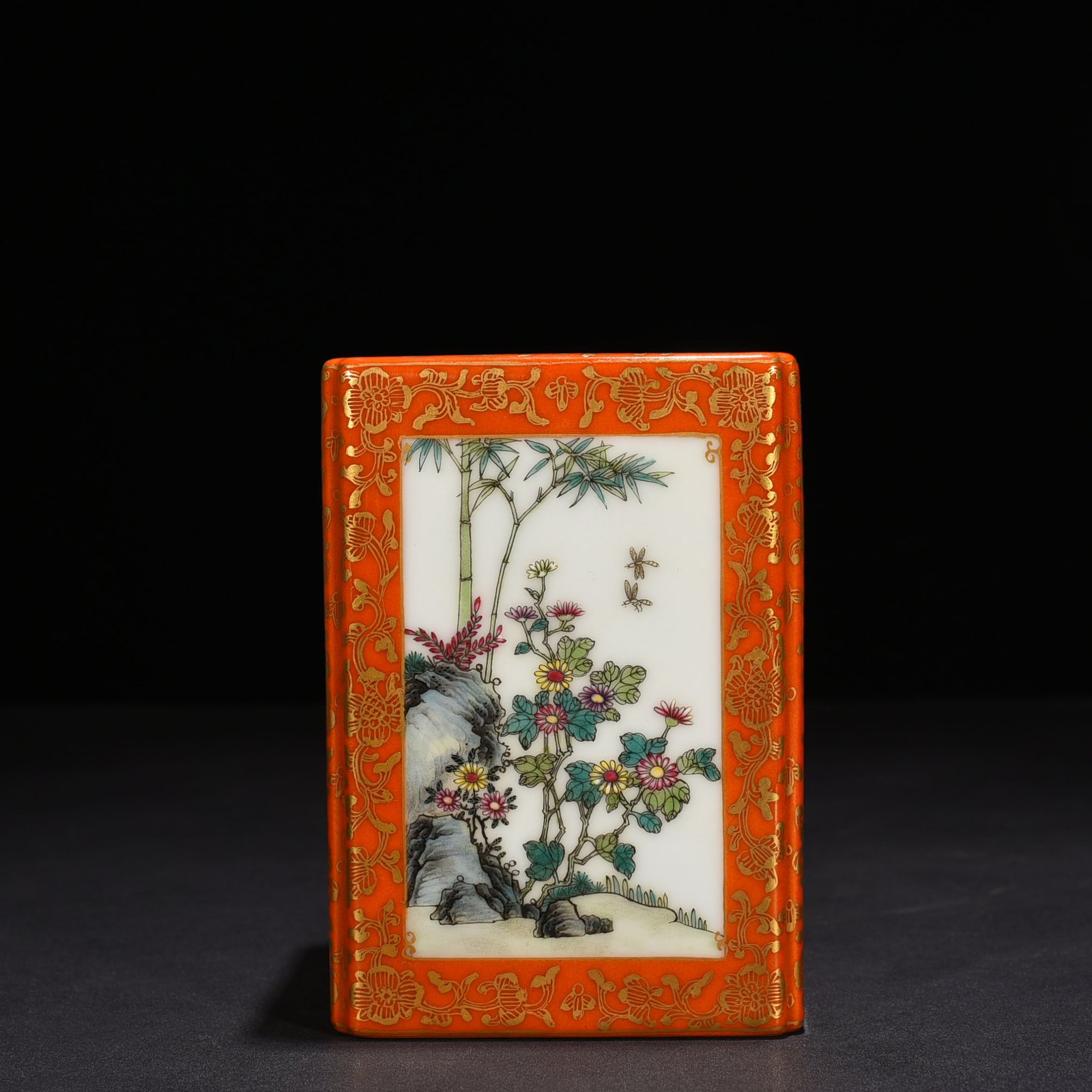 Qing Dynasty Qianlong alum red gold enamel square pen holder with four seasons