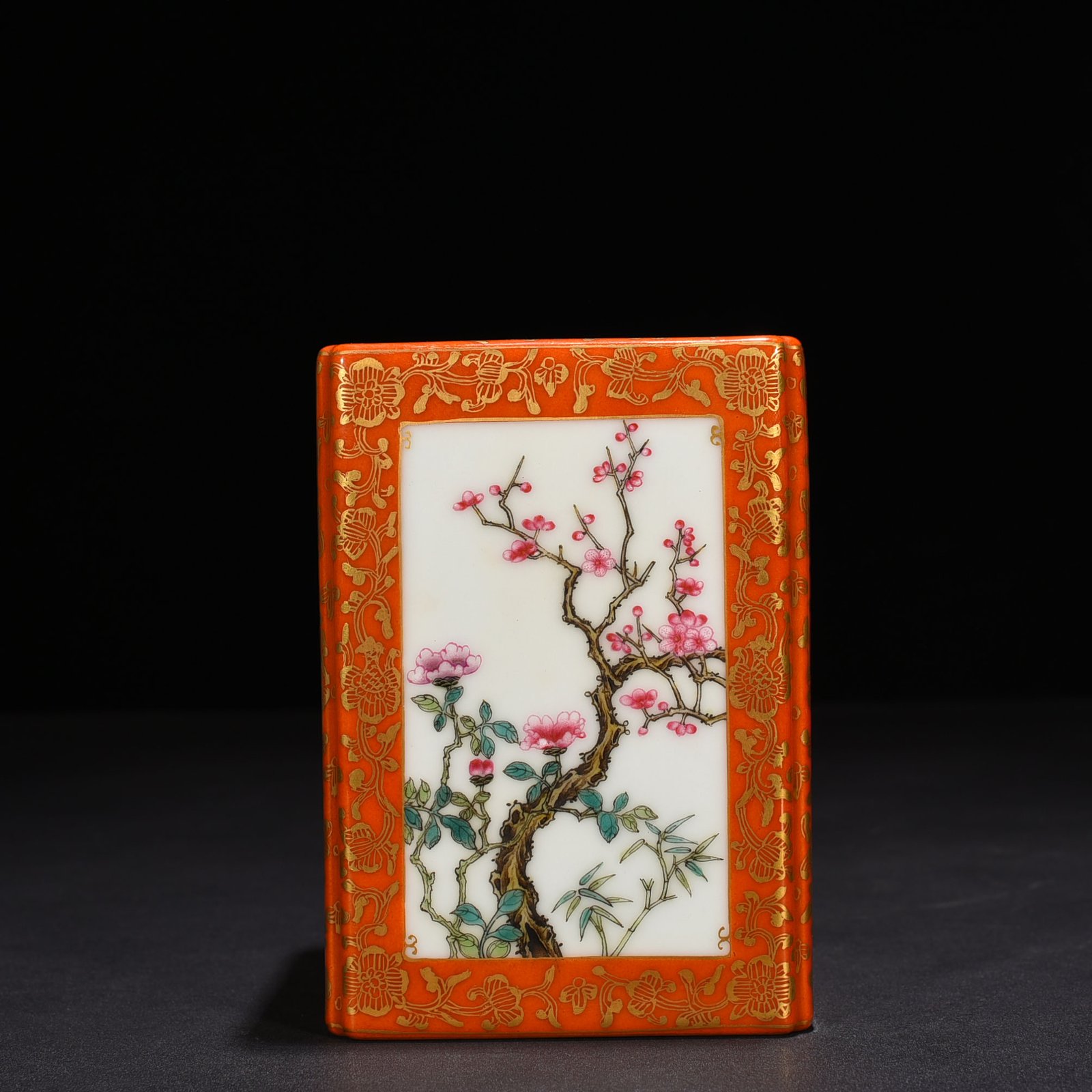 Qing Dynasty Qianlong alum red gold enamel square pen holder with four seasons