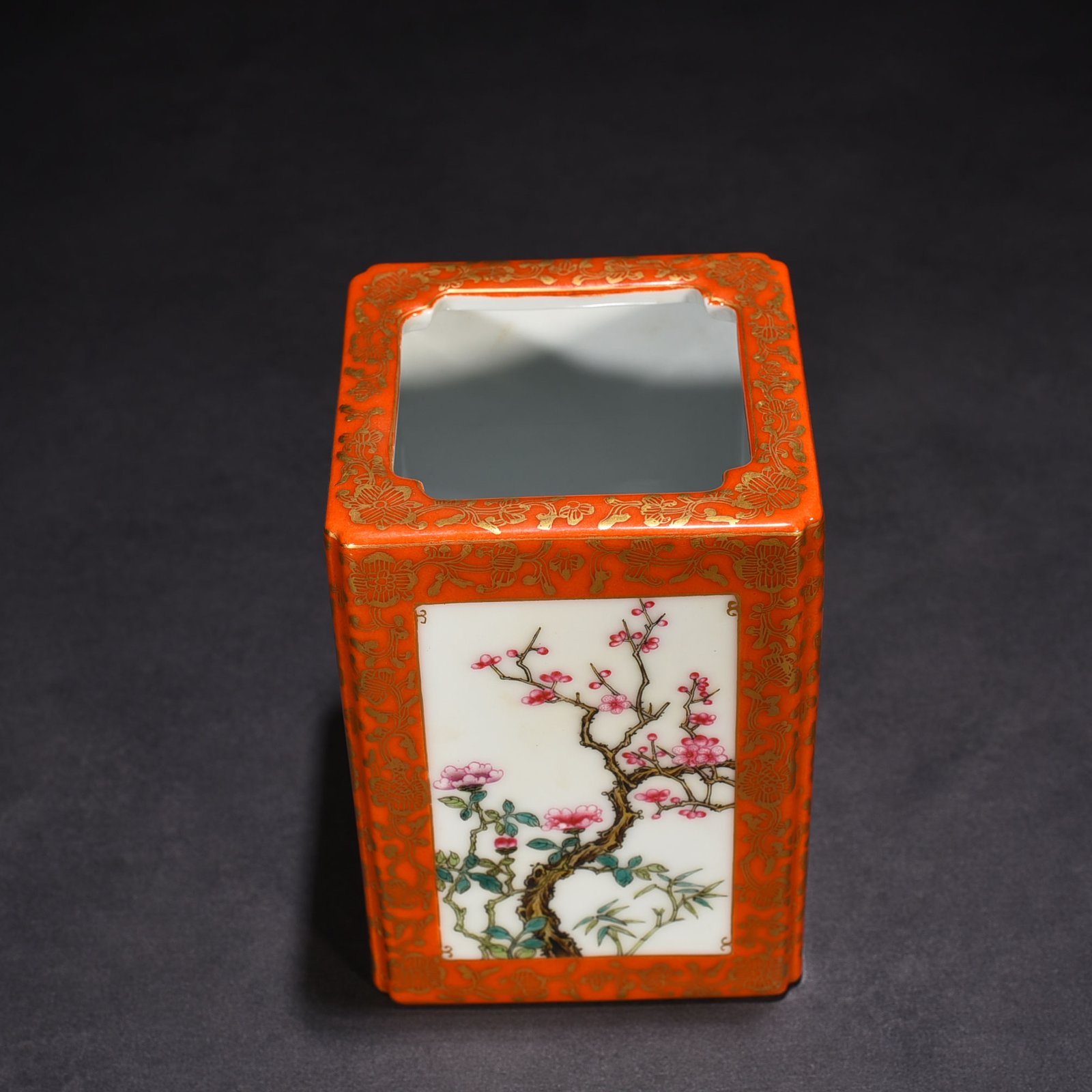 Qing Dynasty Qianlong alum red gold enamel square pen holder with four seasons