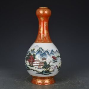 Qing Dynasty Qianlong alum red gold painted landscape pastel landscape garlic vase