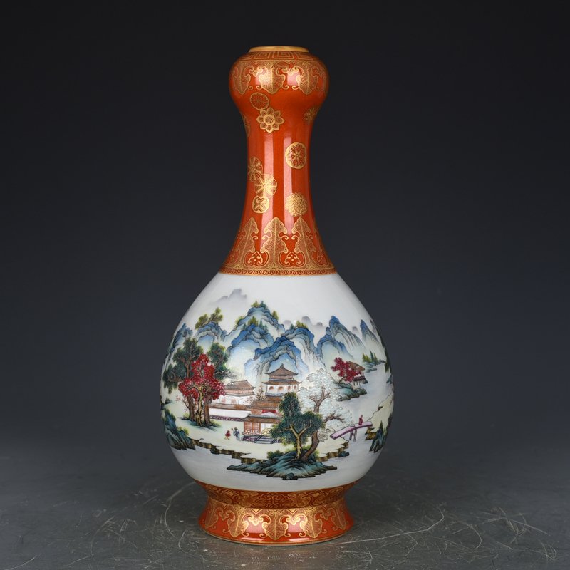 Qing Dynasty Qianlong alum red gold painted landscape pastel landscape garlic vase