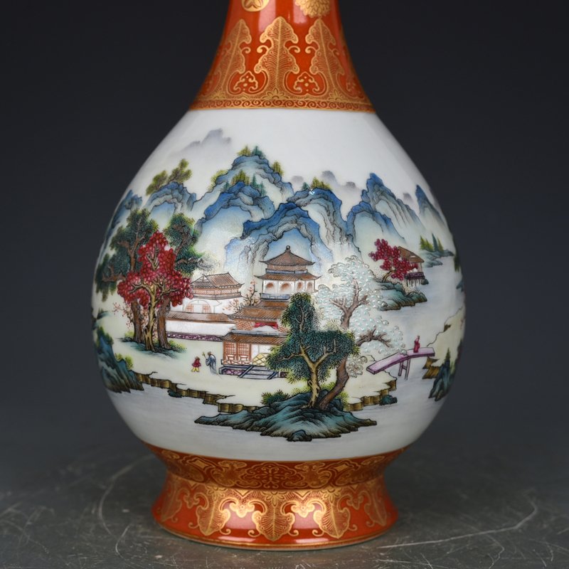 Qing Dynasty Qianlong alum red gold painted landscape pastel landscape garlic vase