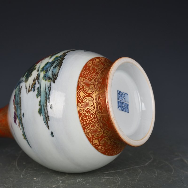 Qing Dynasty Qianlong alum red gold painted landscape pastel landscape garlic vase