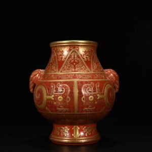 Qing Dynasty Qianlong alum red gold carved dragon pattern elephant ear statue