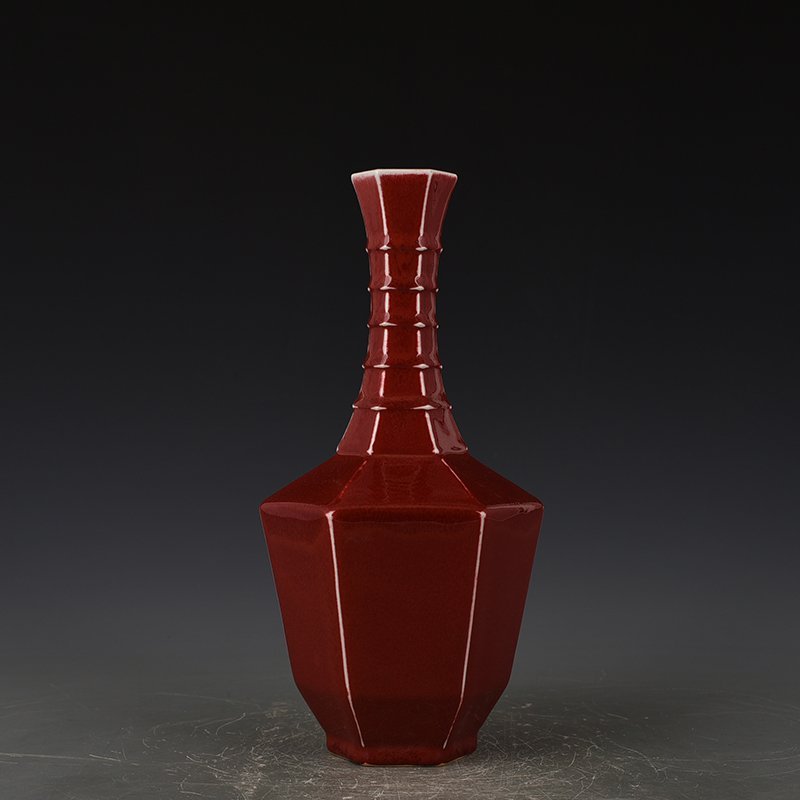 Qing Dynasty Qianlong sacrifice red glaze six-square pure bottle
