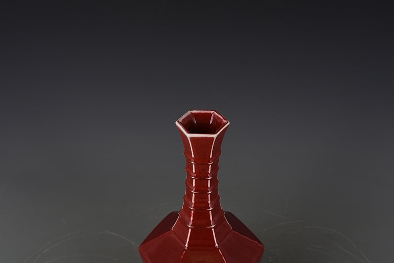 Qing Dynasty Qianlong sacrifice red glaze six-square pure bottle