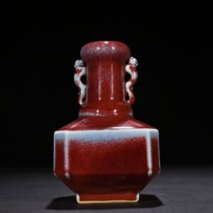 Qing Dynasty Qianlong Festival red glaze kiln-turned double-eared square vase